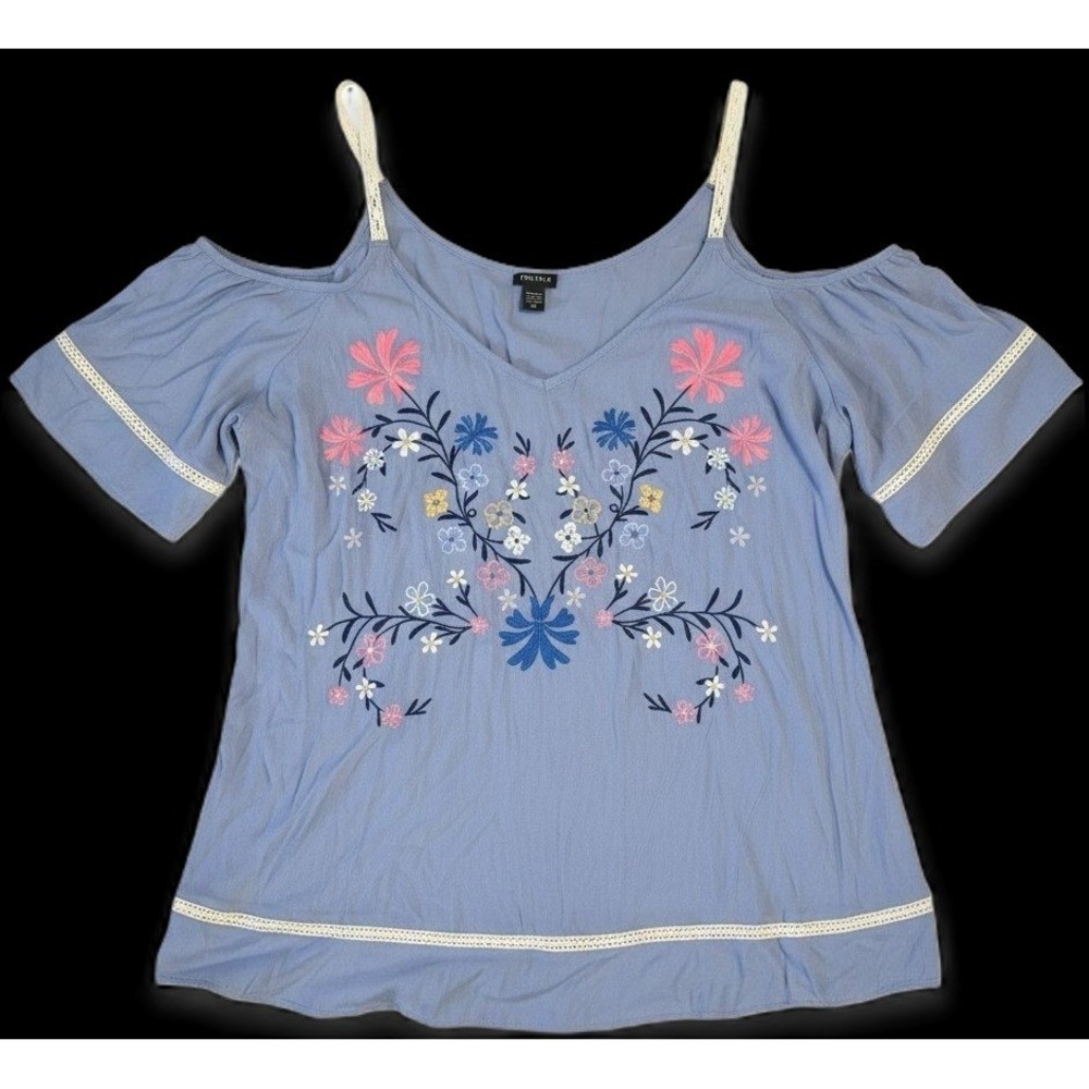 Torrid Women's Size 3 Blue Floral Embroidered Cold Shoulder Boho Blouse Top